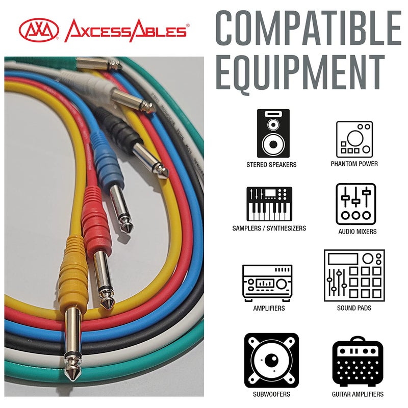 AXA AXCESSABLES AxcessAbles 1/4 (6.35mm) TS to 1/4 (6.35mm) TS Unbalanced Mono Multi-Color Patch Cables 6 Pack (3ft) Outboard Gear & Patchbay Studio Cables External Effects Digital Analog Effects - Image 2